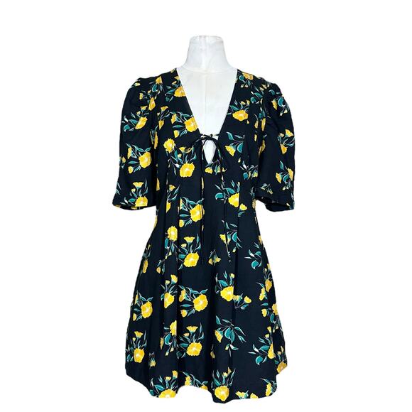 Free People Floral Boho 'Adelle' Tunic V Neck Bow-Tie Pleated Mini Dress - Picture 1 of 11